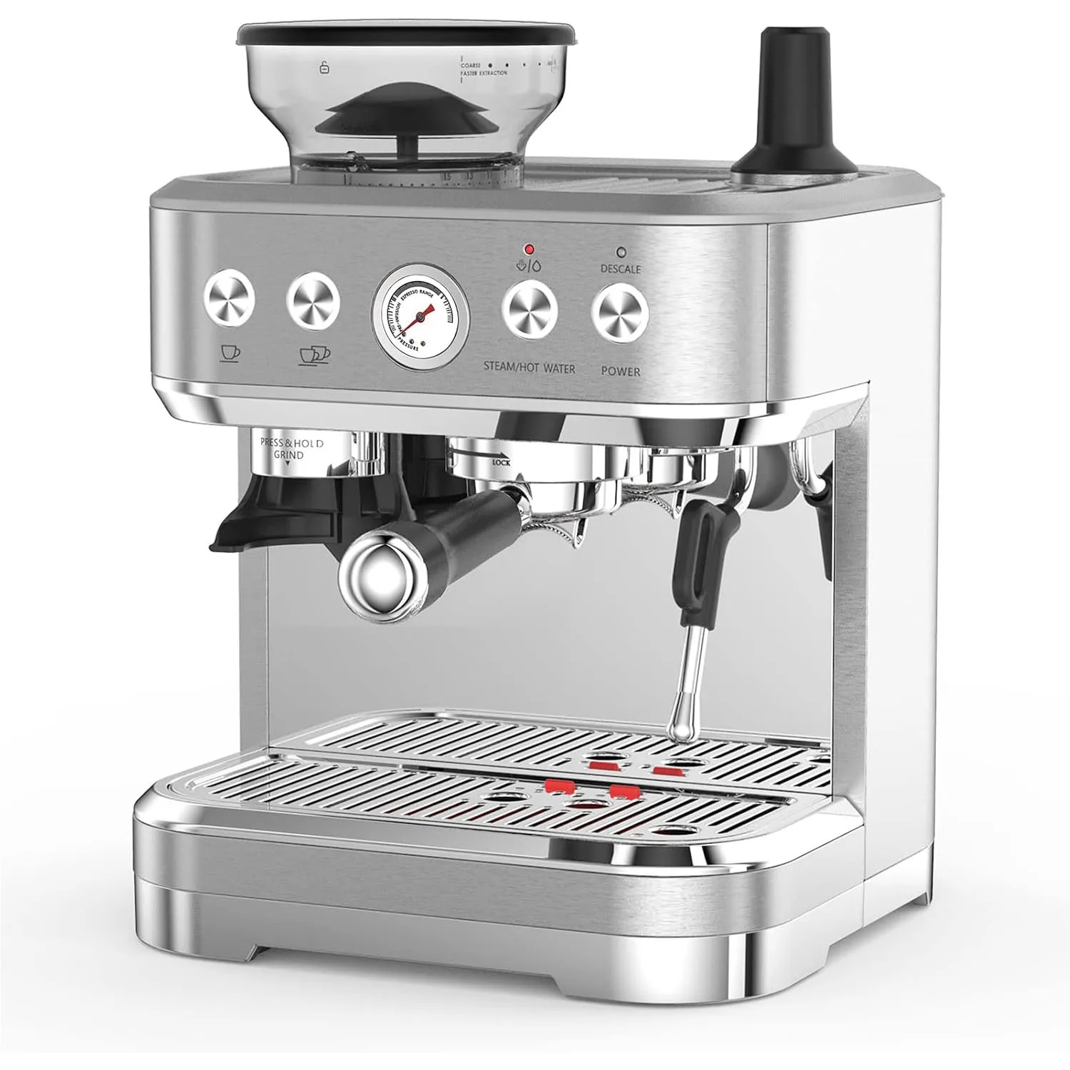 Espresso Machine Stainless Steel Coffee Machine with Milk Frother& Grinder 15 Bar Pump 58mm Sieve Handle Cappuccino Latte Maker