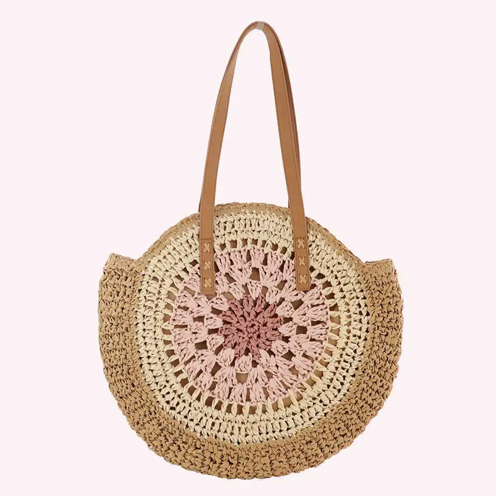Round Beach Shoulder Bag with Zipper Closure Vacation Bag with Color Collision Trendy Holiday Travel Handbag for Women and Girls