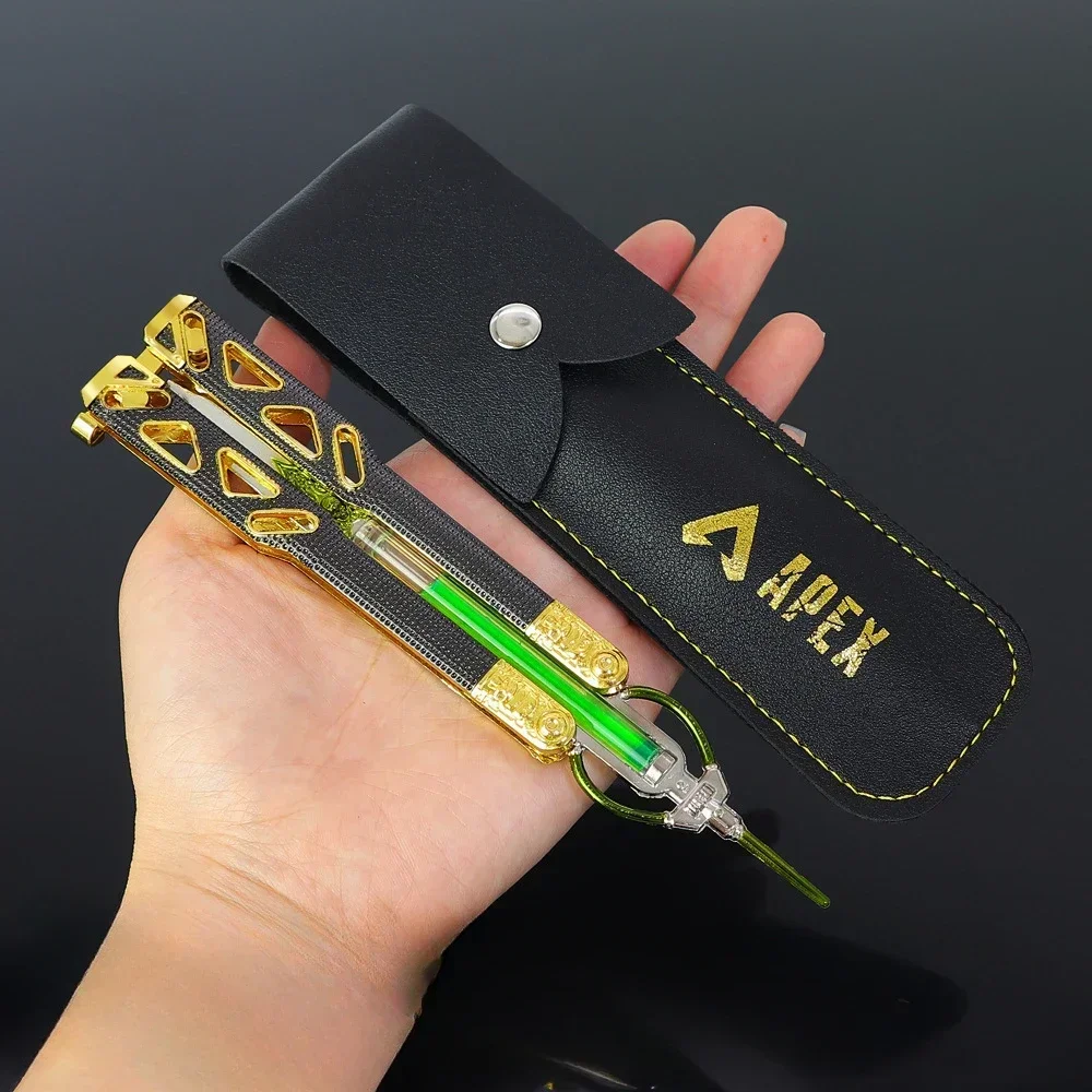 21cm Metal Butterfly Knife with Leather Sheath Liquid Apex Game Peripherals Power Model Ornament,butterfly knife