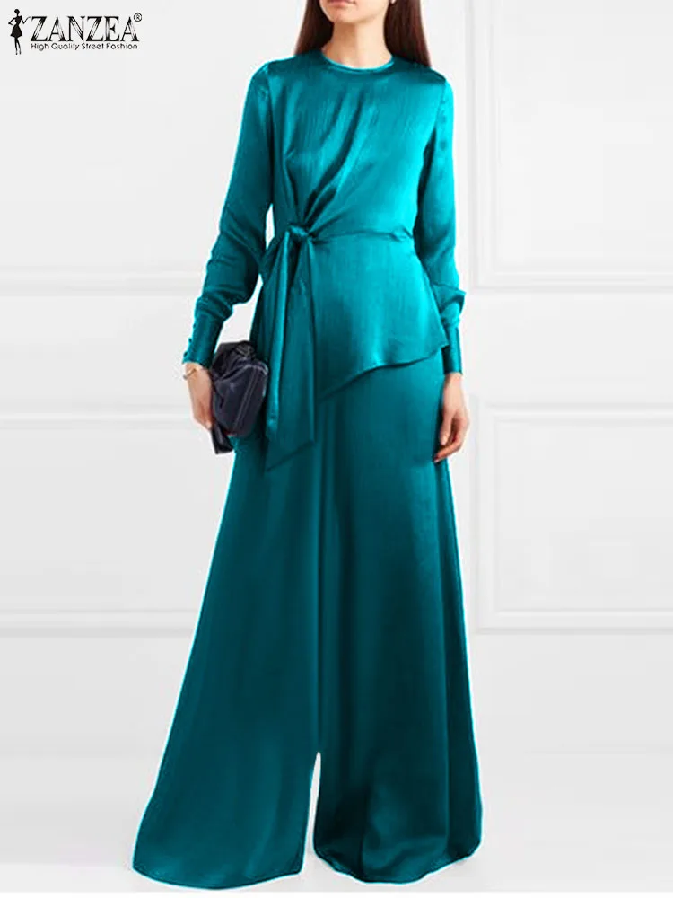 

ZANZEA Casual Wide Leg Trouser Sets 2PCS Pant Sets Women Fashion Solid Irregular Hem Top Suits 2024 Spring Elegant Satin Outfits