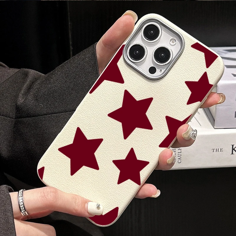 Red Stars Lychee Pattern Soft Phone Case Cover