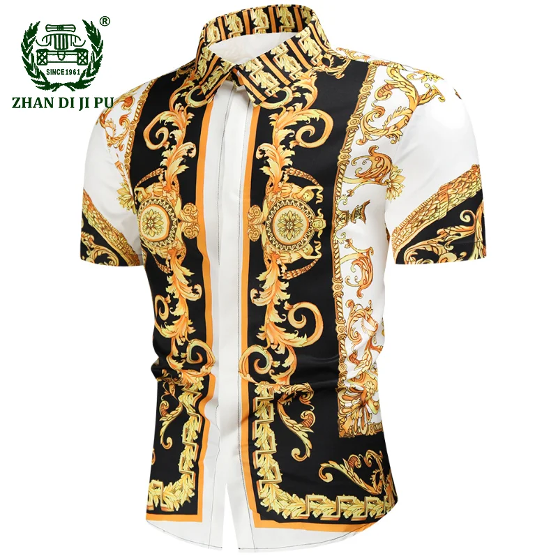 

Luxury Short Sleeve Shirt Mens Golden Flower Print Shirt Causal Royal Trends Party Nightclub Tuxedo Dress Shirts Male Blusas 4XL