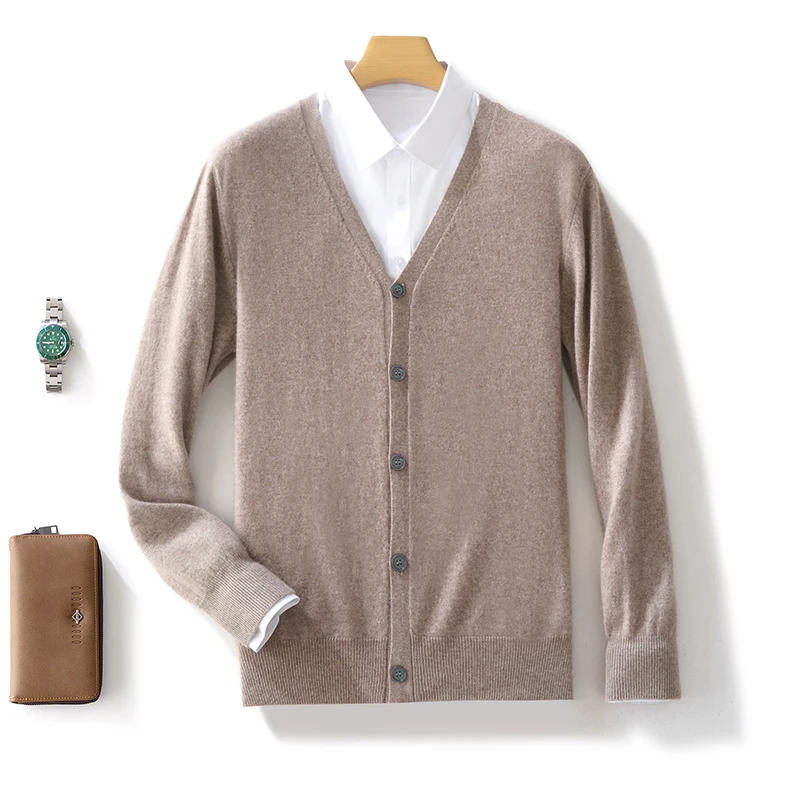 Autumn Winter Pure Cashmere Wool Knit Cardigan Men's Jacket Trend V-neck High-Quality Sweater Loose Warm Men's Coat Tops