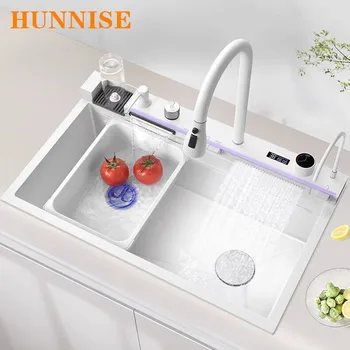 บินฝนน้ําตกอ่างล้างจานร้อนเย็นดึงอ่างล้างจานดิจิตอลก๊อกน้ํา 304 อ่างล้างจานสแตนเลส 1