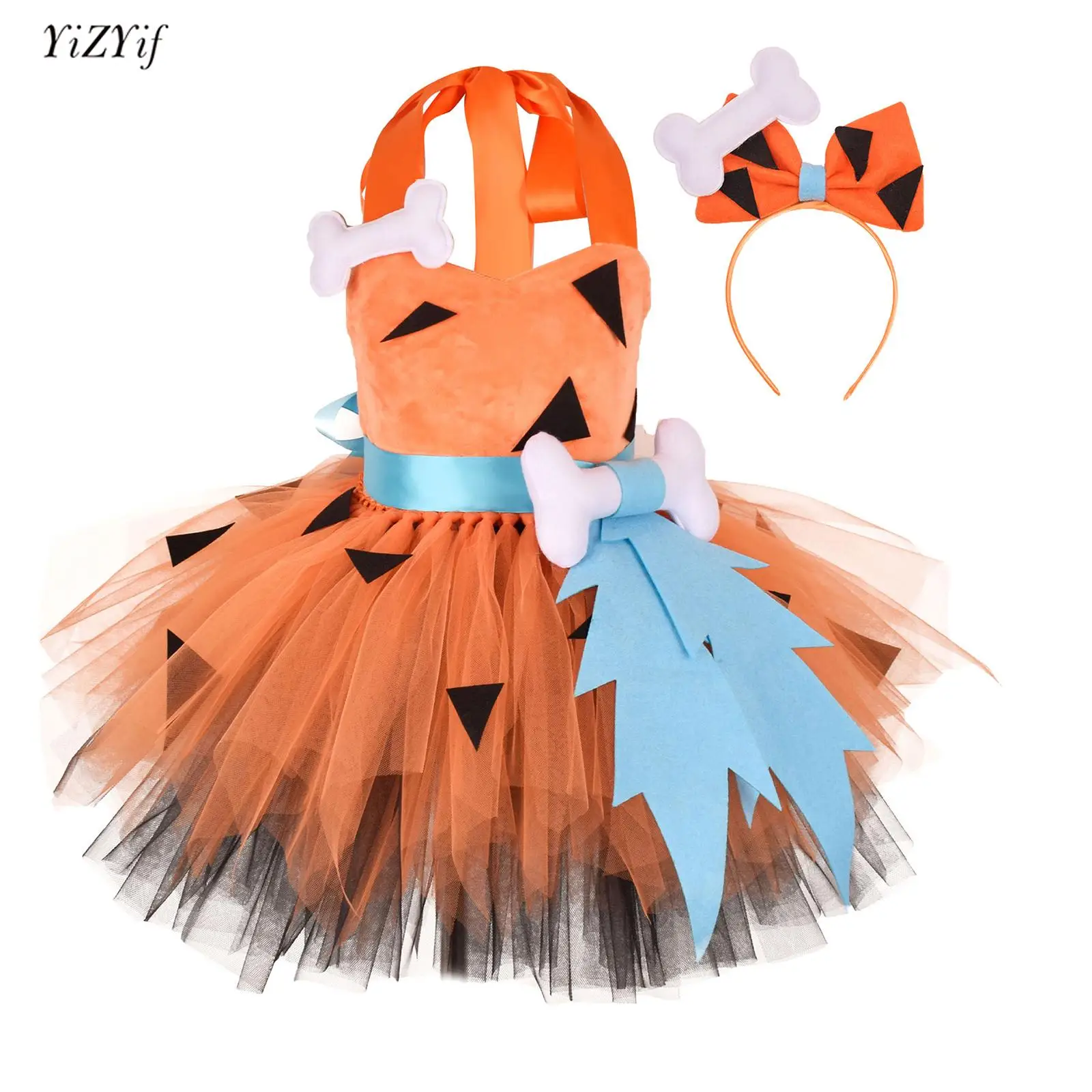 

Kids Girls Halloween Pumpkin Dress Fancy Caveman Cosplay Costume Bowknot Headwear+Tutu Dress Suit Carnival Party Dress Up Cloth