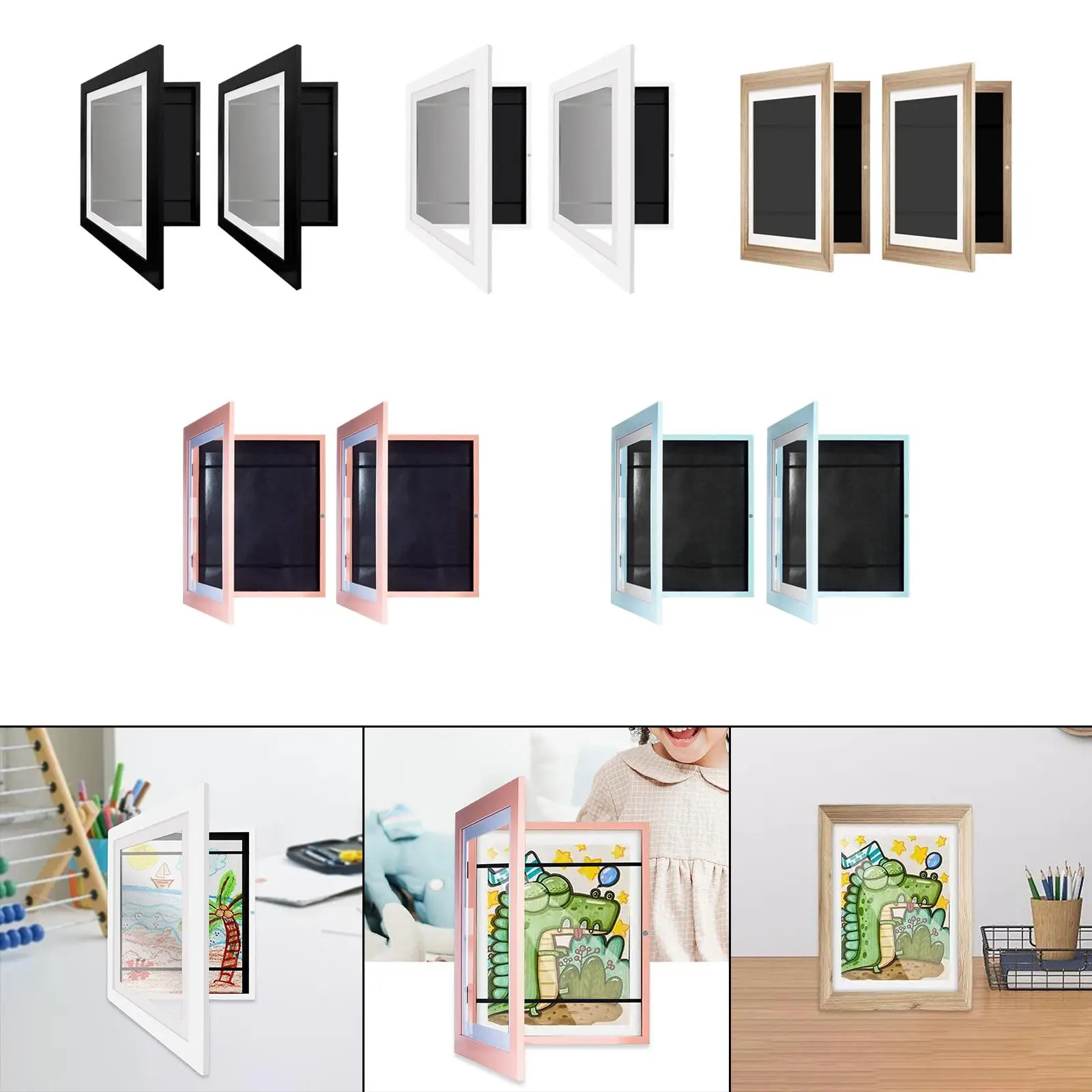 

2x Wooden Photo Frame Front Open Artwork Picture Frame for Birthday Office Black