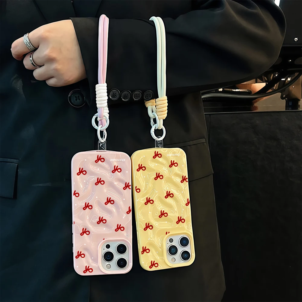 Elegant Burgundy Bow Phone Case with Lanyard - Shockproof Soft TPU Protection