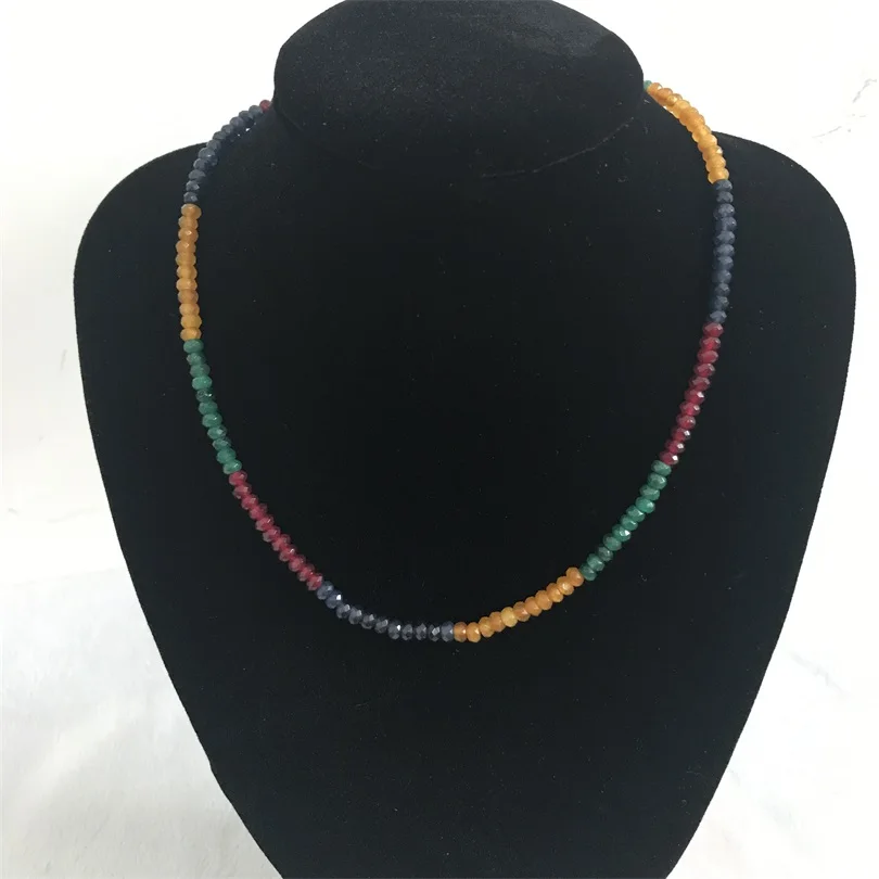 Hand knotted necklace 2X4mm faceted blue pink color purple red green stone bead 17 