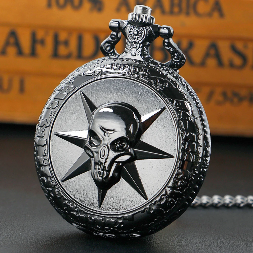 

Retro Headshot Black Skull Quartz Pocket Watch Steampunk Watches Men Fans Souvenir Gifts with 80cm Neck Chain reloj de bolsillo