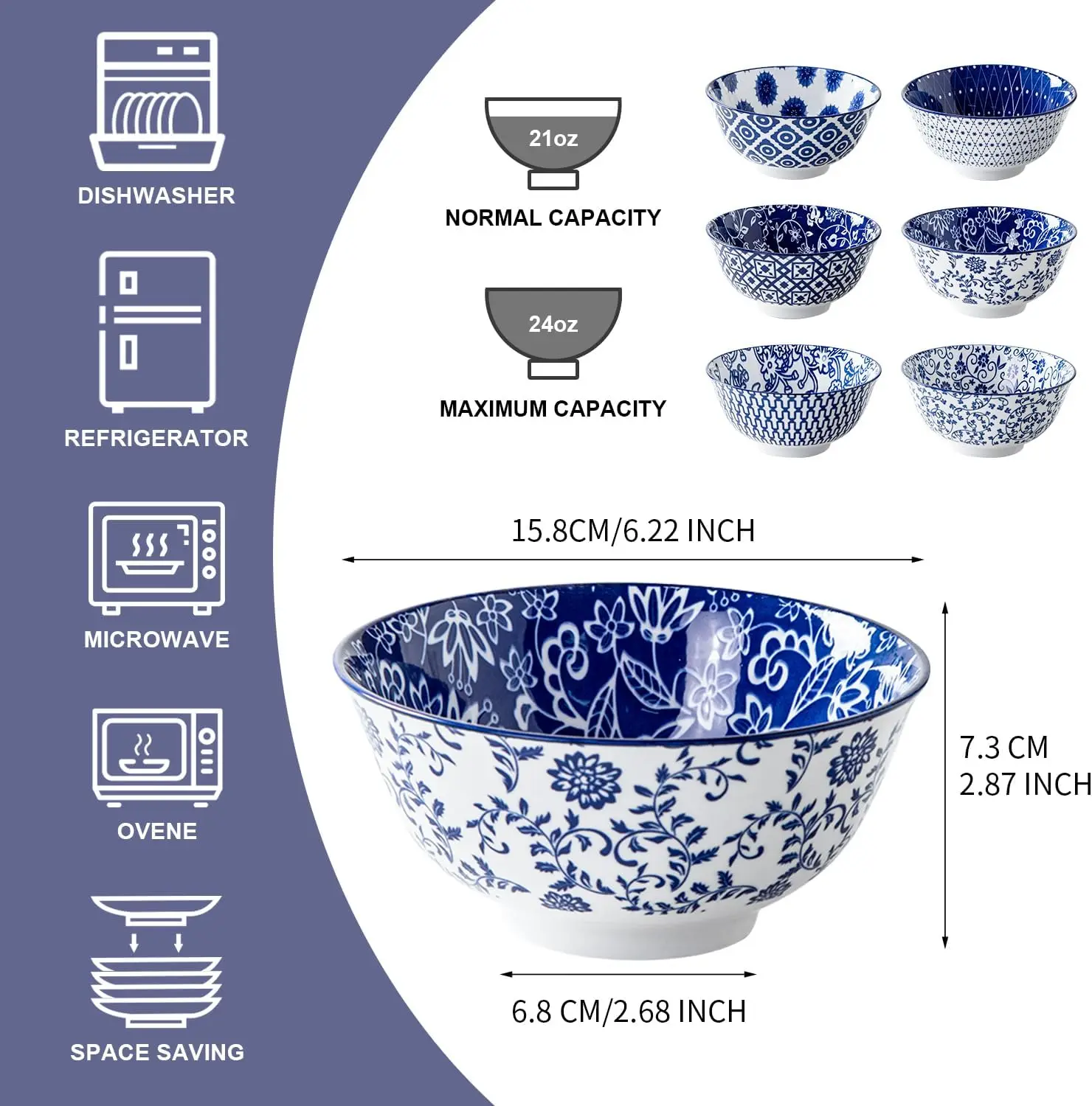 6‑Piece Ceramic Soup Bowls Set – 24 oz Deep Bowls for Cereal, Pasta & Salad, Vintage Blue 4