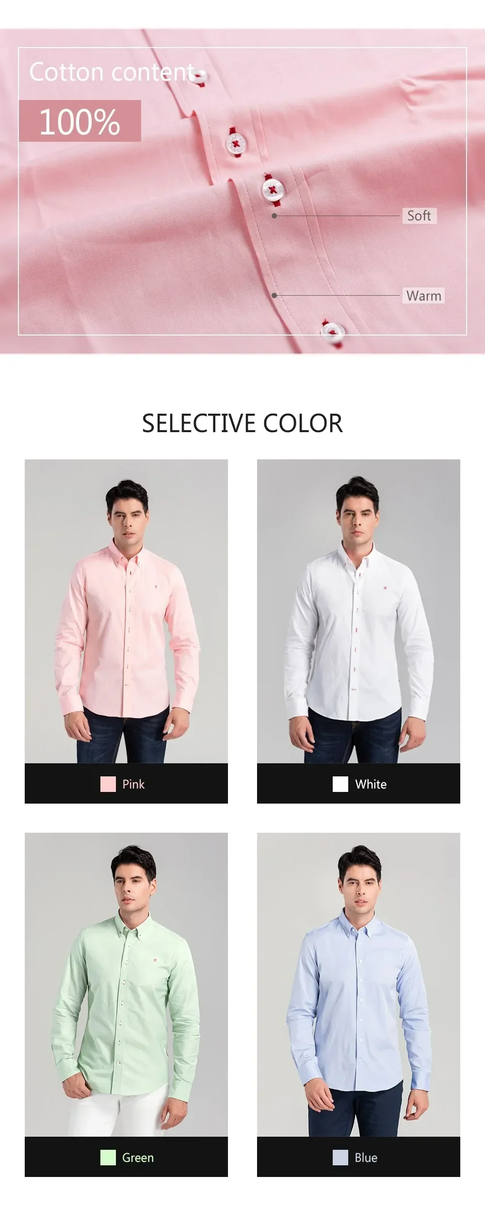 Description Picture 4 of itemNew Fashion 100% Cotton Long Sleeve Shirt Solid Slim Fit Male Social Casual Business Shirts High Quality