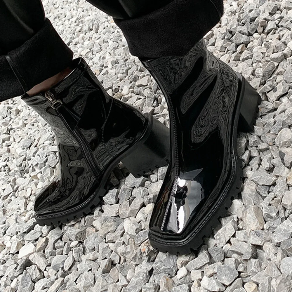 

Ins Fashion Black Patent Leather Women Ankle Boots Square Toe Short Chelsea Botas Side Zipper Platform Riding Botines Femmes