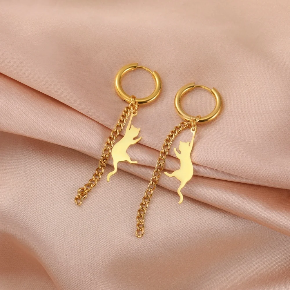 Eueavan Springende Katze, baumelnde Ohrringe, Edelstahl, lange Quasten, Creolen, niedliches Kätzchen, Tierschmuck, Geschenke für Frauen und Mädchen – Detail 24