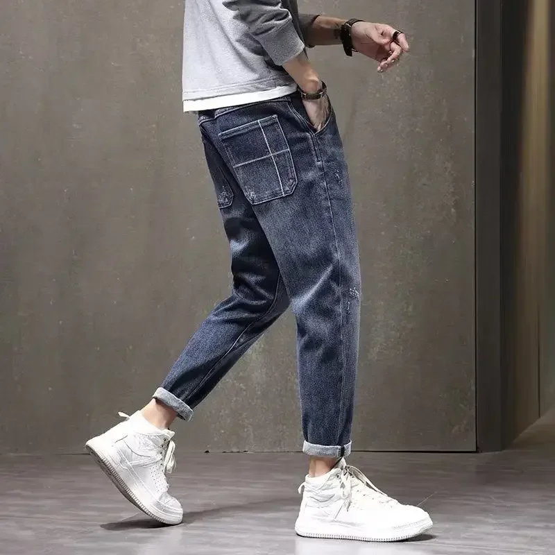 

Jeans for Men Cropped Trousers with Pockets Straight Male Cowboy Pants Baggy Y2k Vintage Cheap Denim High Quality Classic Casual