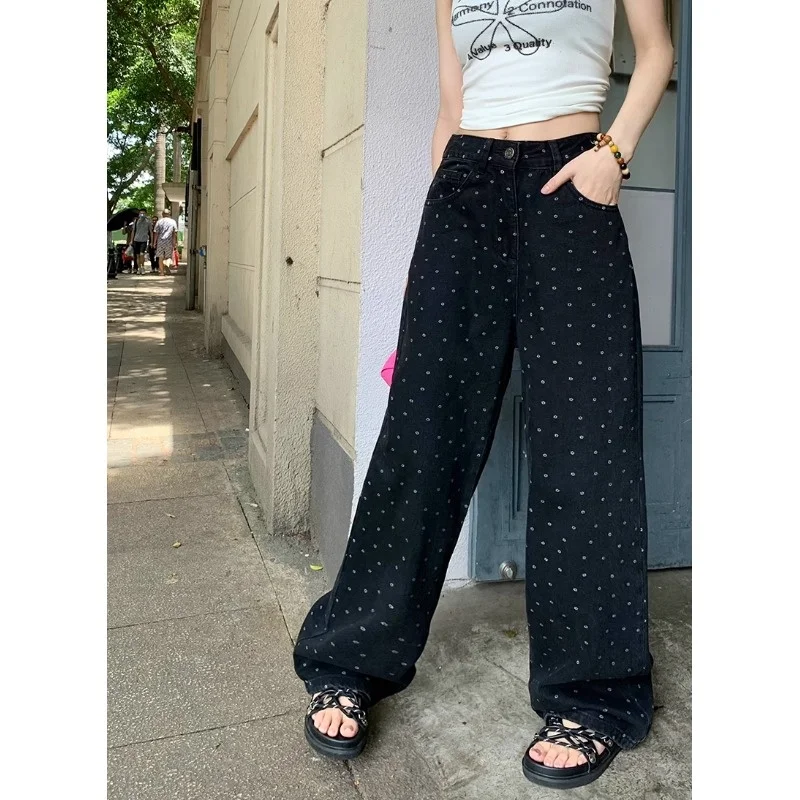 레트로 프린트 청바지 여성 여름 2023 새로운 높은 허리 슬리밍 느슨한 올 매치 디자인 와이드 레그 걸레 바지 