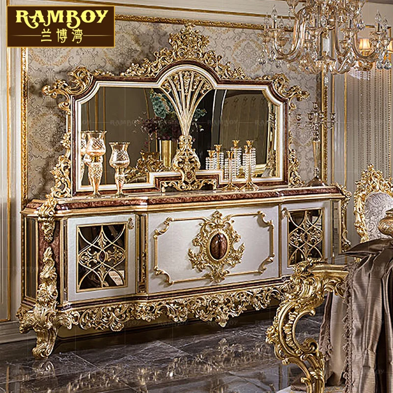 

French Italian villa luxury sideboard of European solid wood carved gold leaf side cabinets dining room furniture