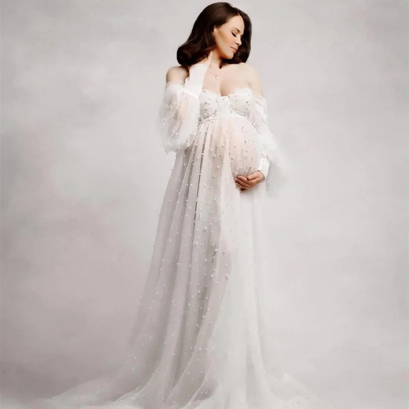 Boho Pearl Tulle Maternity Dresses for Babyshower Sweetheart Front Split Long Sleeve Maternity Gown for Photoshoot Bathrobe
