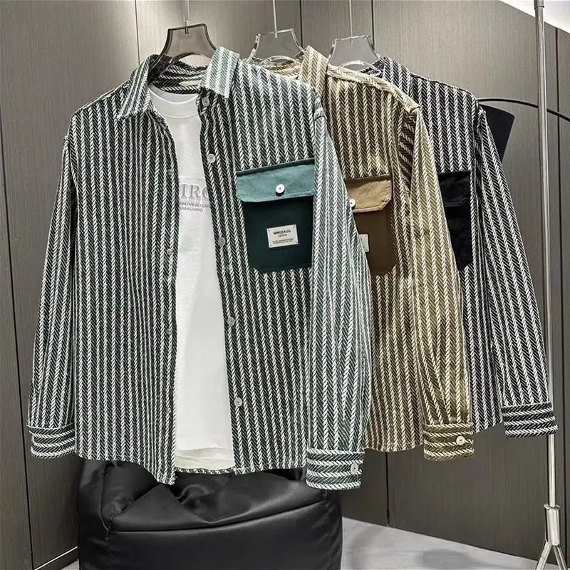 Autumn New Men's Stripe Colored Long Sleeved Shirt Korean Edition Business Travel High Quality Flip Collar Casual Shirt Coat
