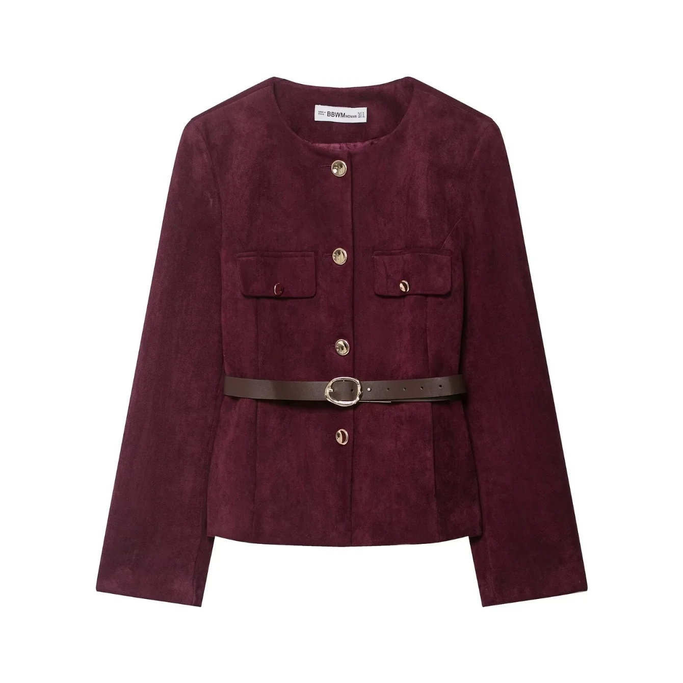 Women Spring Suede Short Jacket Coat Female O-Neck Pocket Decoration Long Sleeve With Belt High Street Elegant Commuter Coat