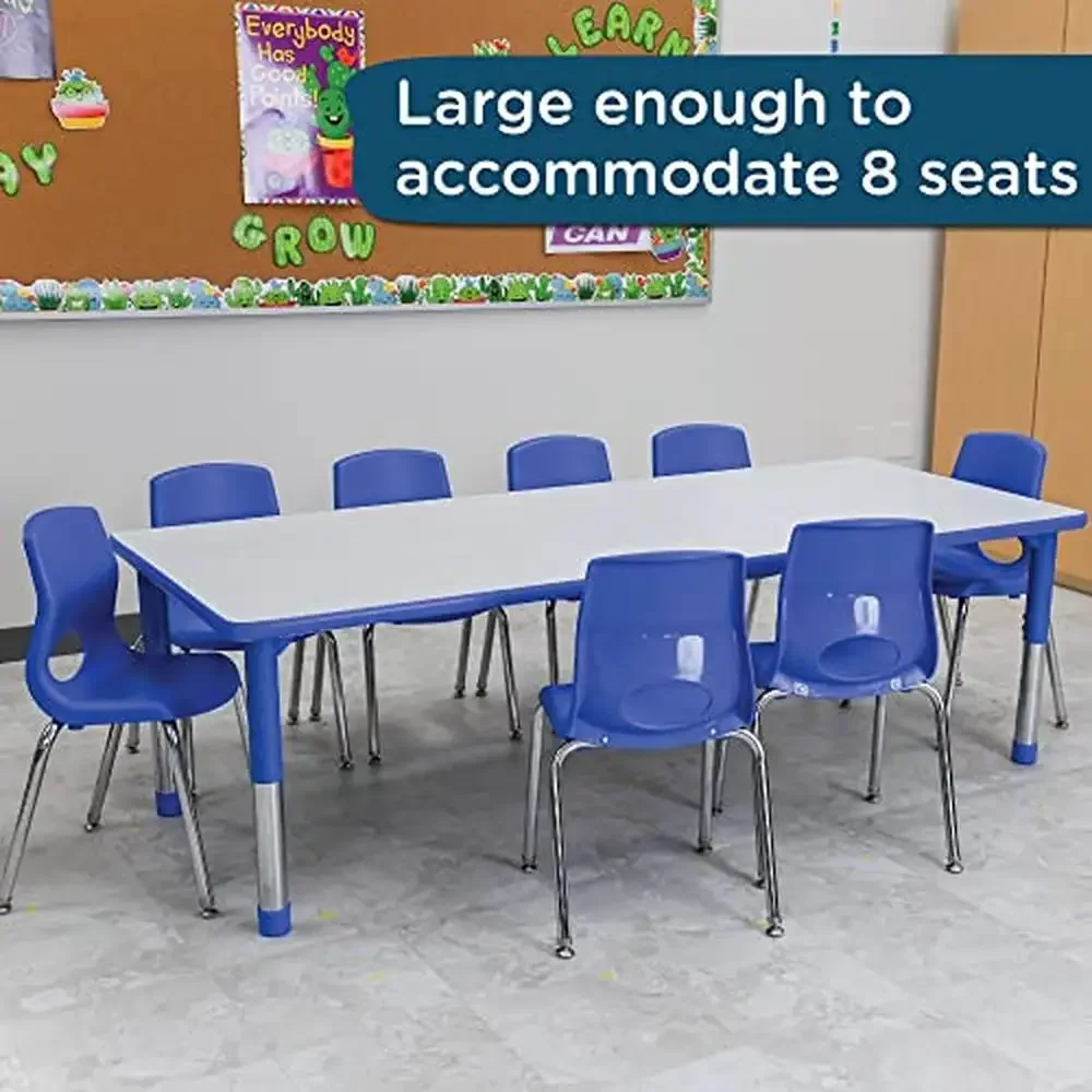 Adjustable Blue-Gray 30" x 72" Kids Table Sleek Chrome Legs Waterproof T-Molded Banding Dry-Erase Compatible Top AGES 2-12