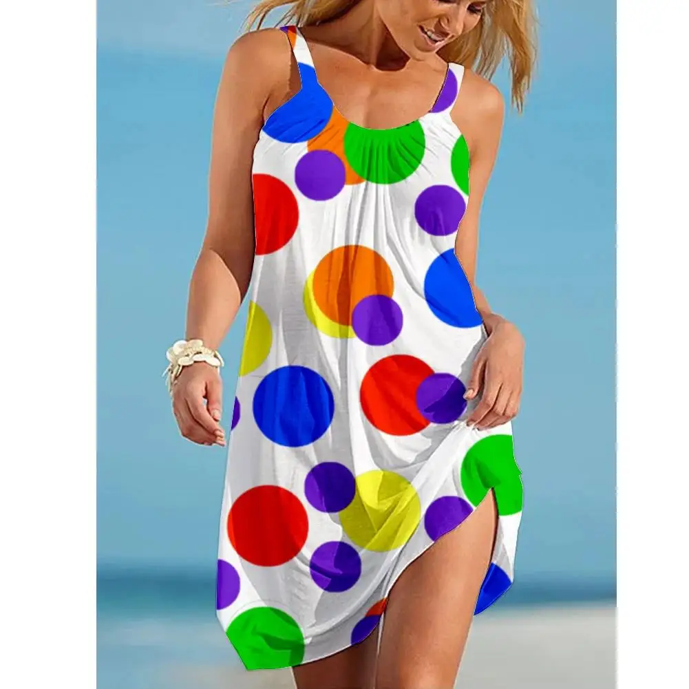 

Bohemian Sling Dresses Colorful bubbles Women Spaghetti Strap Sundress Casual Loose Sleeveless O Neck A-Line Beach Holiday Dress