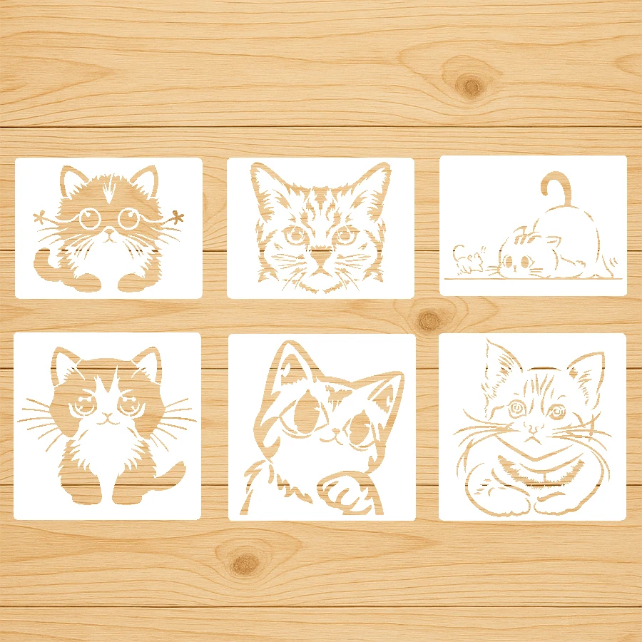 그림용 6PCS 귀여운 고양이 스텐실 세트 - 벽, 가방, DIY 공예, 직물, 목재용 20x20cm 및 20x15cm 재사용 가능한 템플릿