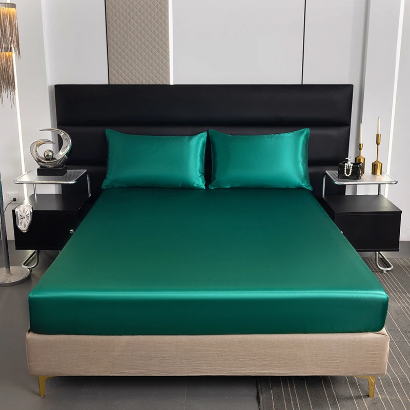 Satin Fitted Sheet High-End Mattress Cover Full Queen Size With Elastic Band Bedsheet Solid Color Fitsheet