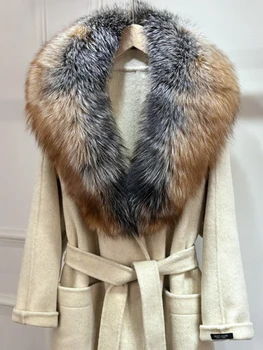 Lagabogy 2025 Elegante giacca di lana double face Nuovo autunno inverno lungo donna vera pelliccia di volpe cappotto di lana cashmere grande tasca femminile 1