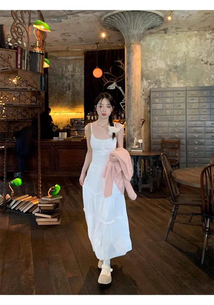 French Elegant Dresses for Women Solid Spaghetti Strap Summer New Ruffles A-line Casual Korean Chic Midi Vestidos Mujer