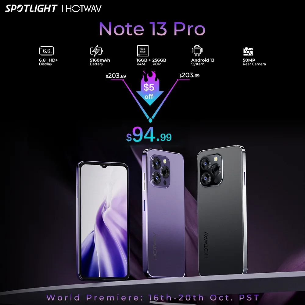  [World Premiere] HOTWAV Note 13 Pro Smartphone 6.6'' HD+ Android 13 16GB+256GB Octa-Core Mobile Phone 50MP 5160mAh Cellphone 