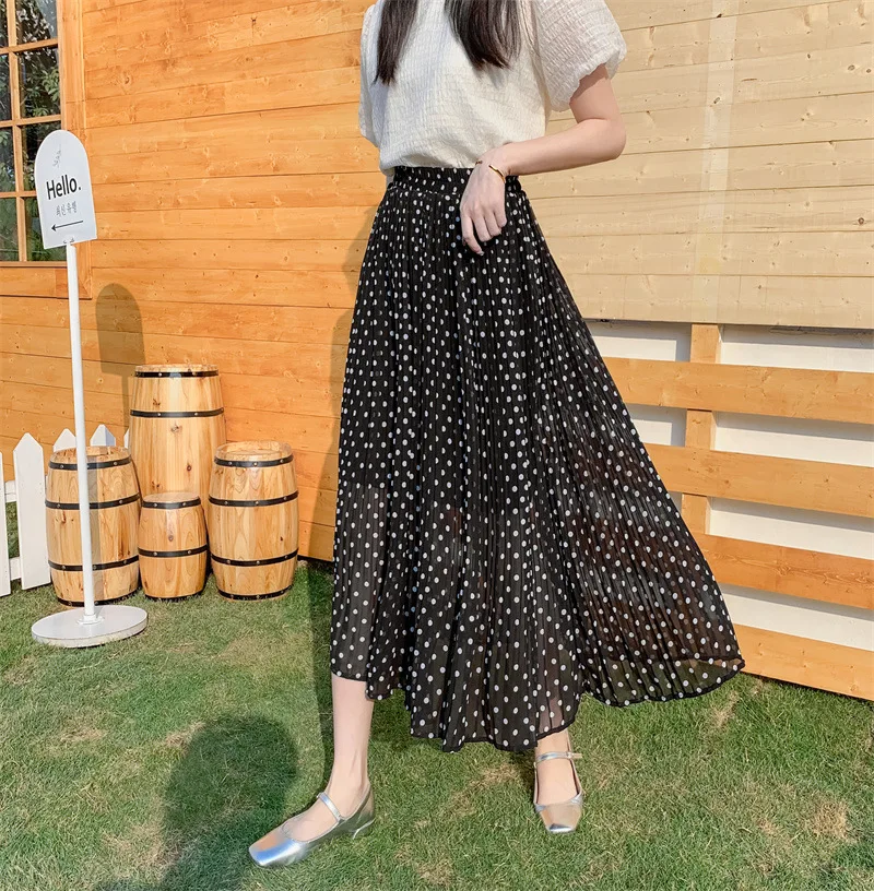 

Pleated Black Skirt Women Stars Print Elastic Waist Fashion 2024 Spring Summer Elegant Mid-calf Jupe for Female