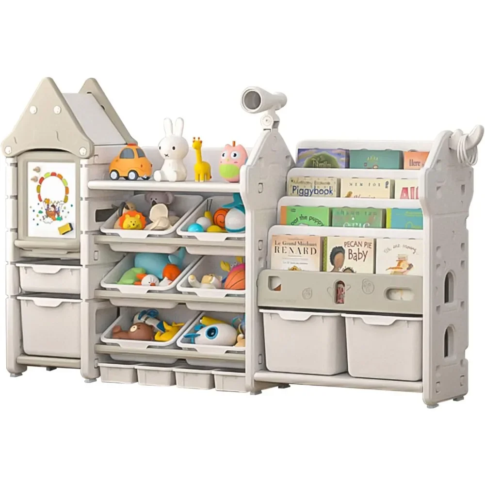 UNICOO-Kids Toy Storage Organizer and Children Bookshelf, with 14 Bins, Pull-Out Drawers Multipurpose Shelf for Toddlers