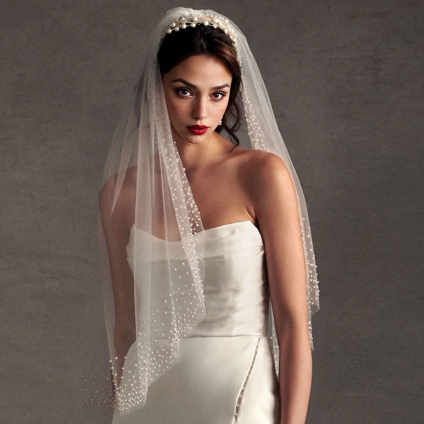 White Tulle Faux Pearl Veil With Comb Perfect Bridal Ivory Two Tier Heavily Embellished Short  main image 3