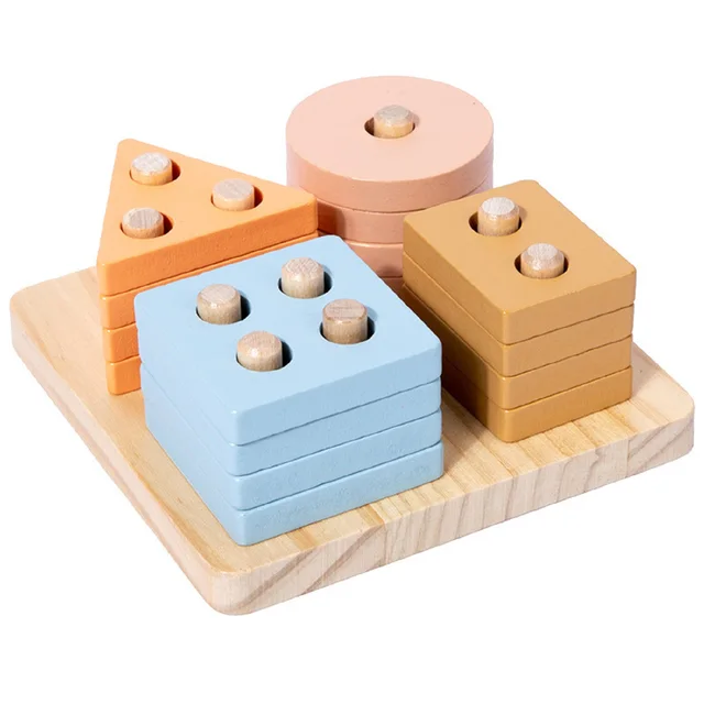 Wooden set of post building blocks baby fine motor toddler early education geometric shape matching color cognition classificati 6