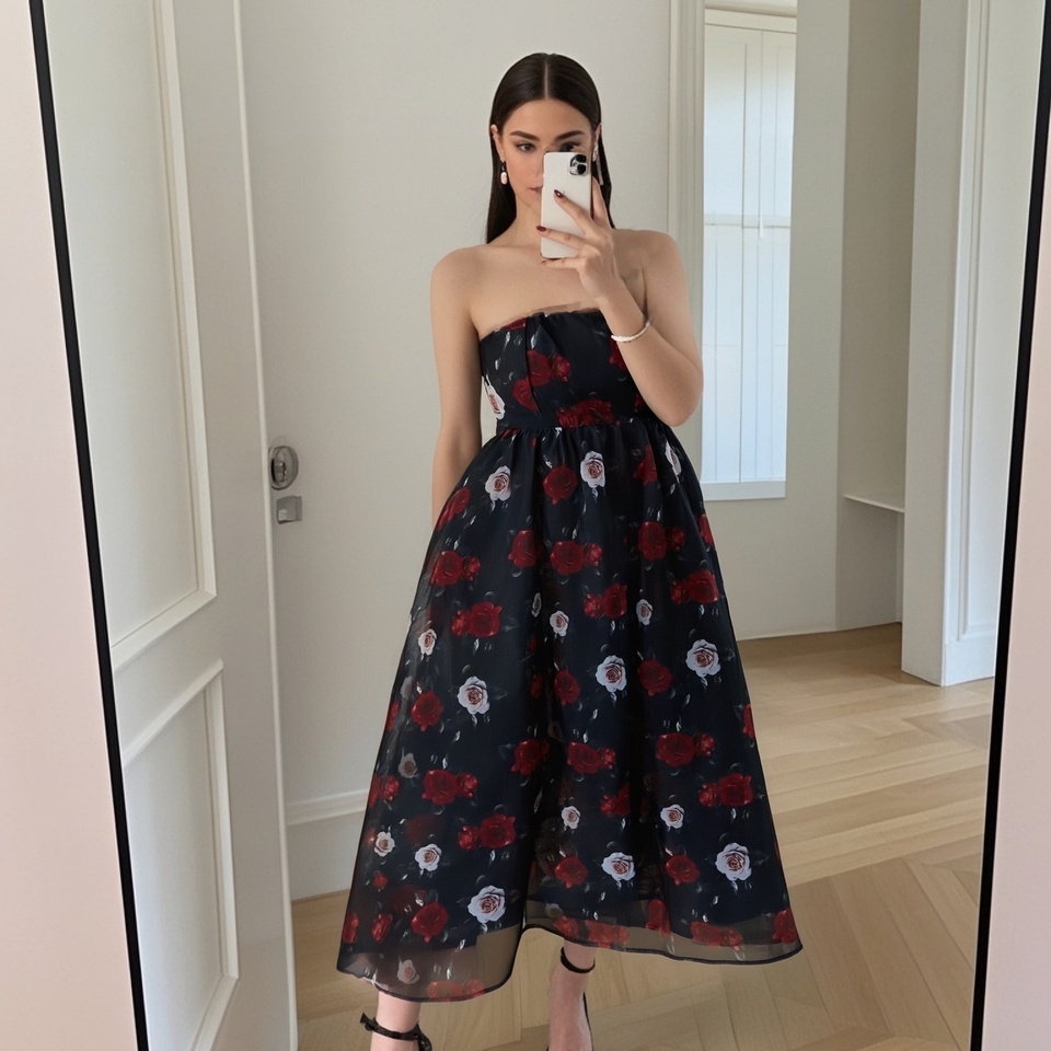 PB&ZA 2025 Women's Strapless Maxi Dress with Black Base Red and White Rose Print Flowy and Elegant for Stylish Look