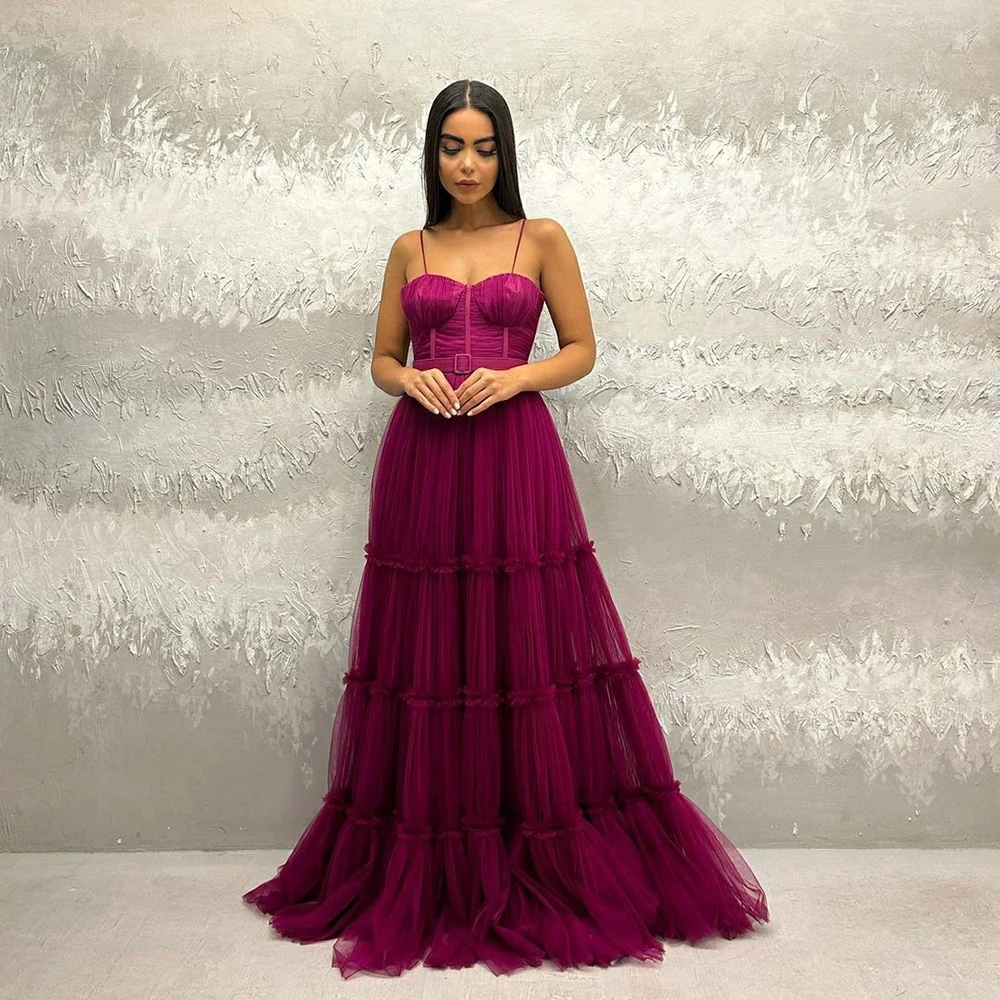 

Doymeny Dark Purple Prom Evening Bridesmaid Dresses Spaghetti Strap Tiered Long Formal Gowns Women Fashion Party Occasion Dress