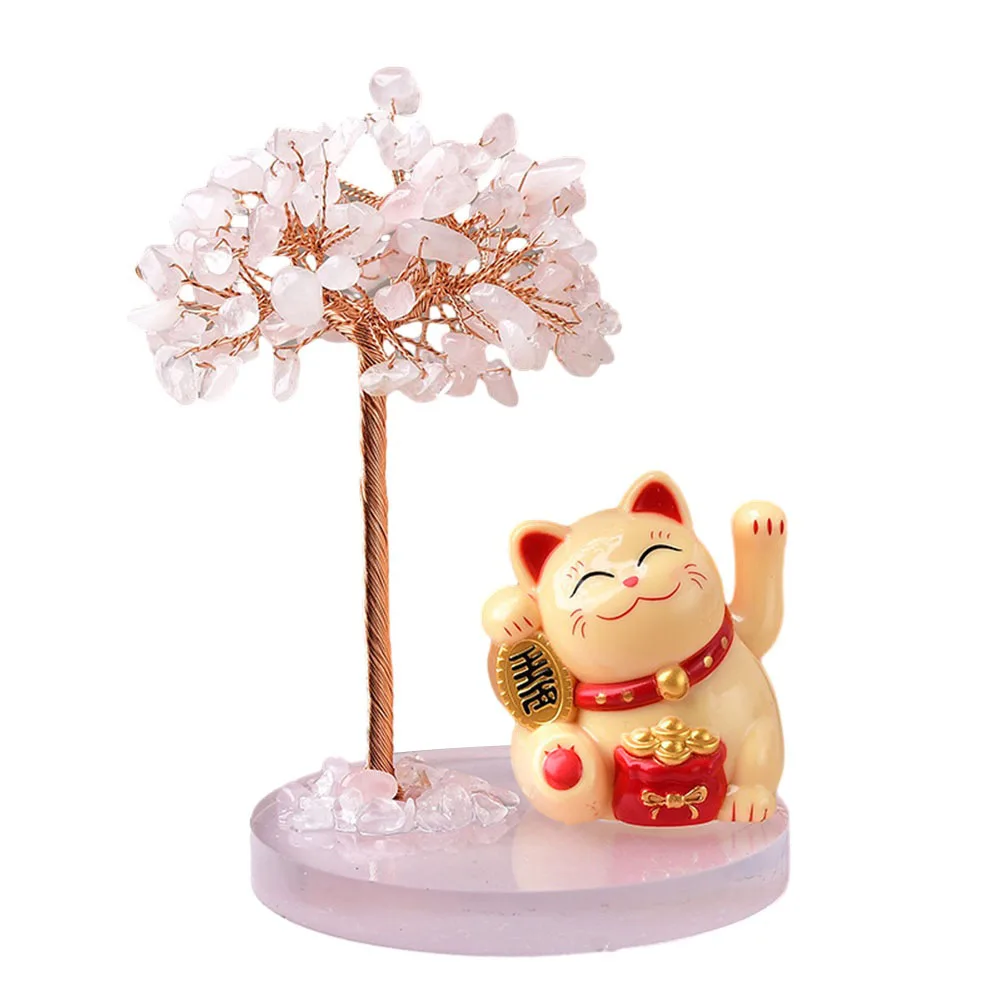 

Feng Shui Tree on Lucky Cat Base Crafted with Natural Crystal and 108 Crystal Pieces Available in Vibrant Colors