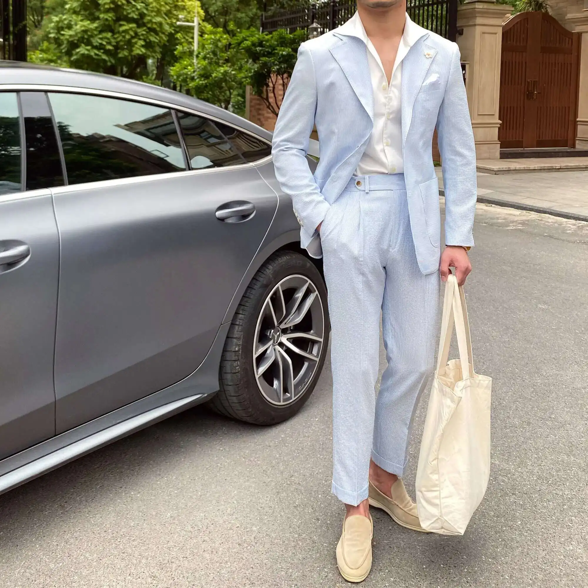 Summer Thin Men Leisure Blue Striped Seersucker Suit British Gentry Suit Men Business Tuxedos Slim Fit Groom