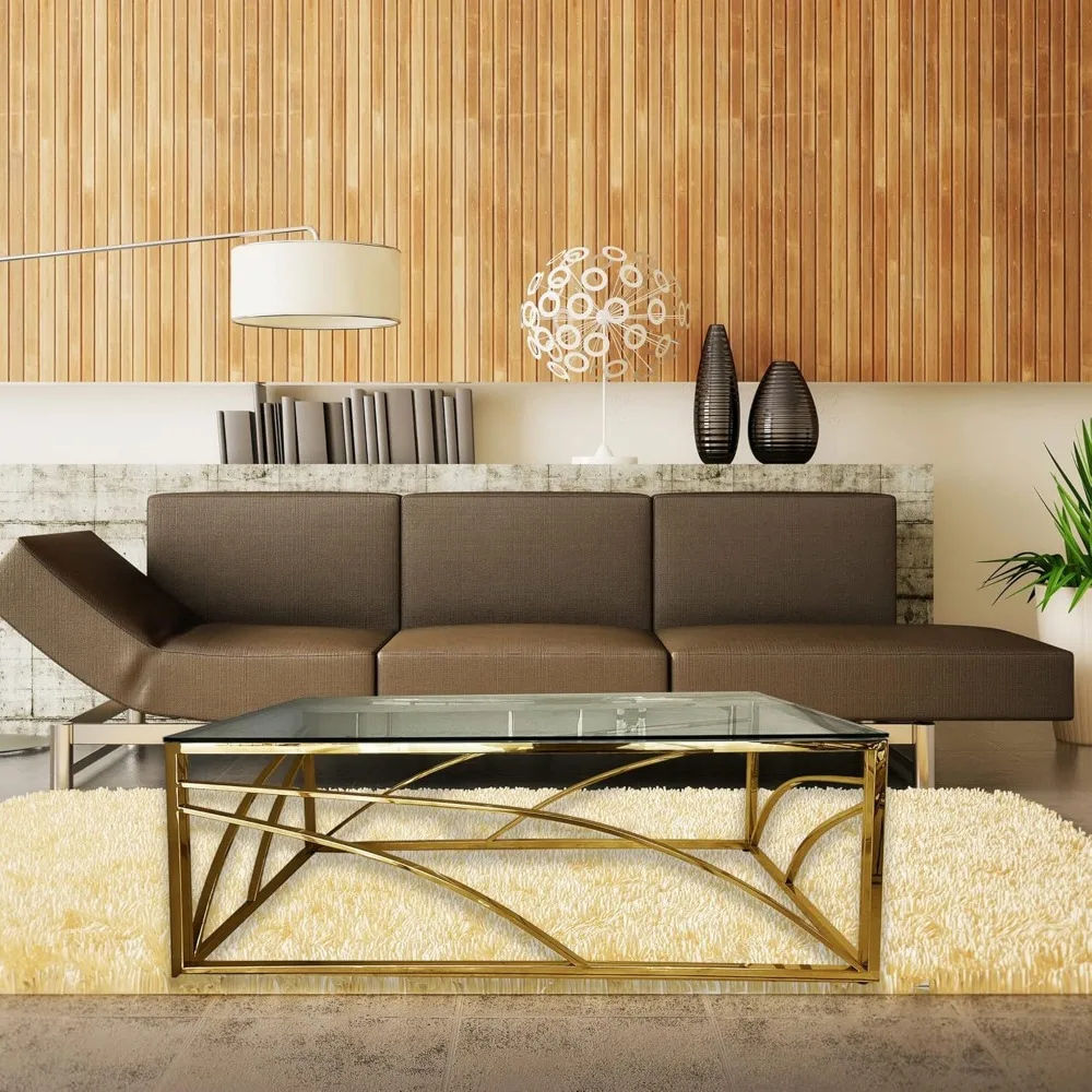 Stainless Steel Rectangular Accent Glass Coffee Table for Living Room- 46.8" Modern Sleek Center Table with Lounge Table with Bl 6