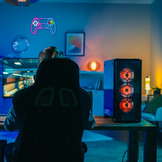 Insegna Al Neon Game On LED - Decorazione Parete Per Sala Giochi, USB, Blu E Rosso - Foto 4