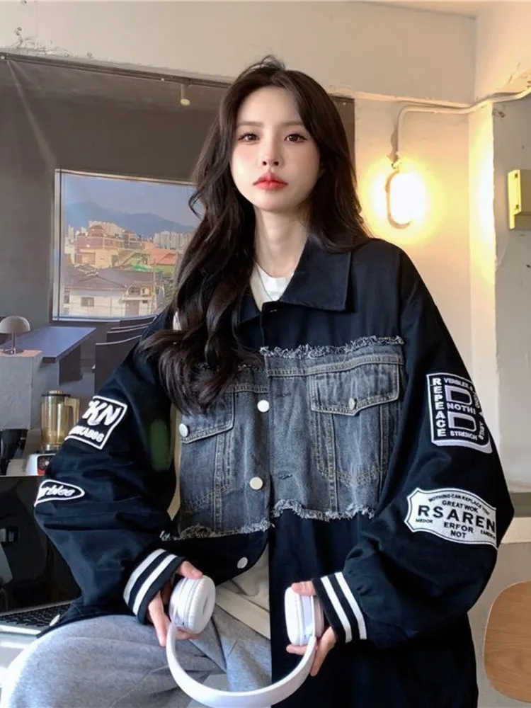 

Mprs Streetwear American Style Denim Coats Patchwork Vintage Designed Loose Female Jeans Jacket New