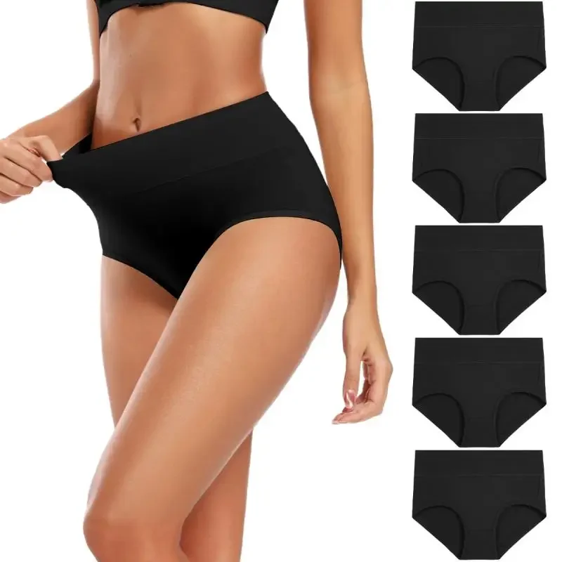 POKARLA 5pcs Women's Soft Cotton Underwear Briefs High Waisted Postpartum Panties Ladies Full Coverage Underpants Black 5X-Large
