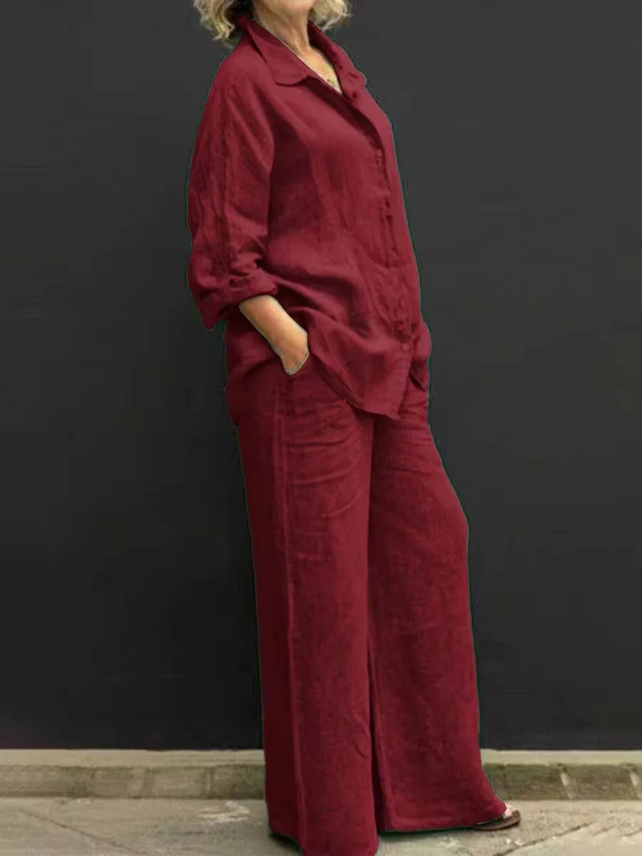 Women Linen Casual Shirt 2 Pieces Set Fashion Lapel Long Sleeve Button Blouse And Trousers Outfits Loose Wide Leg Pants Suits women linen outfits