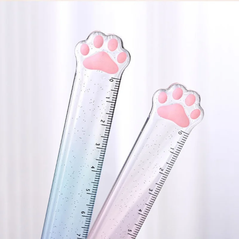 1pc 그라디언트 컬러 플라스틱 고양이 발자국 자 측정 문구 창의적인 그림 자 휴대용 학생 문구 자