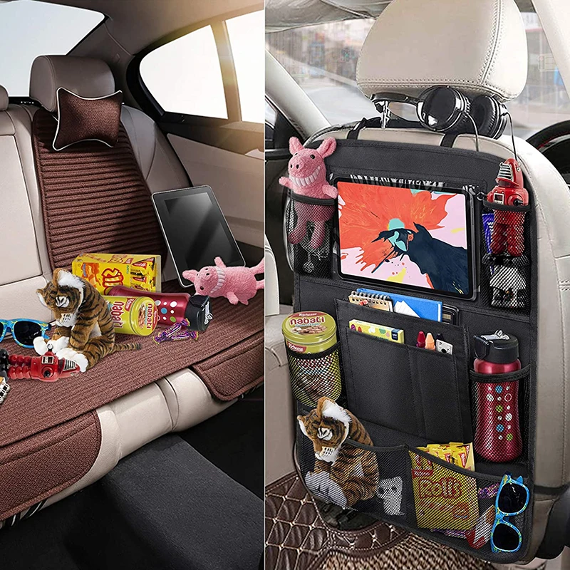 Car Seat Back Organizer Multi-Pocket Hanging Storage Bag Tablet Cup Holder Tidying Anti-Kick Mats For Kid