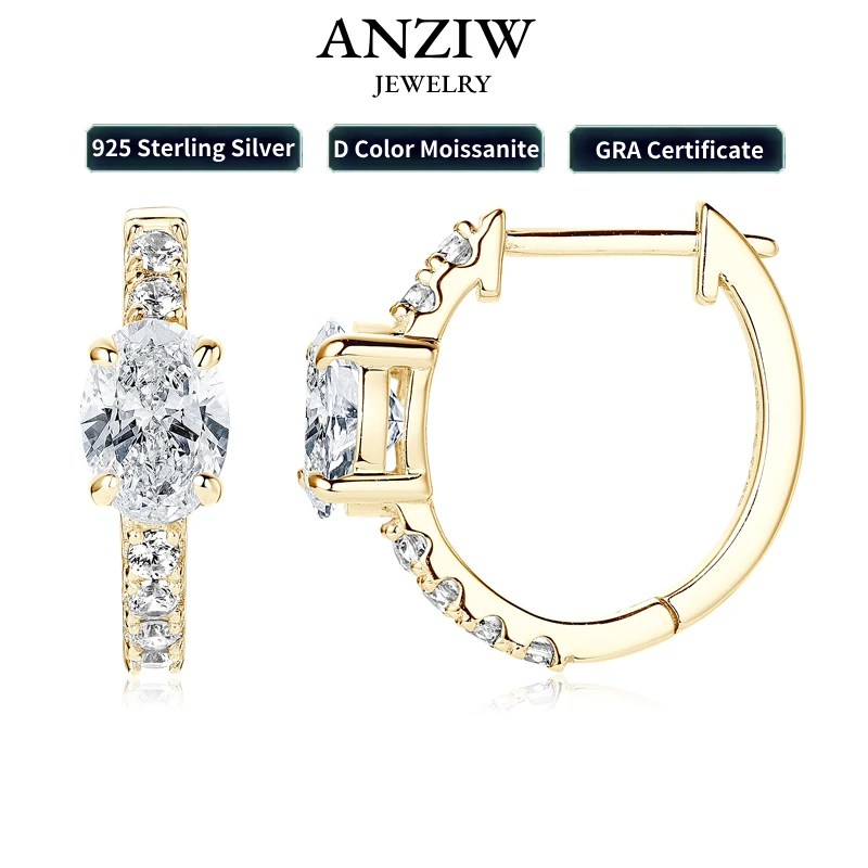 

Anziw Hoop Huggie Earrings 100% 925 Sterling Silver 1.0ct Oval Cut D Color Moissanite Earrings for Women 2024 New Jewelry Gift