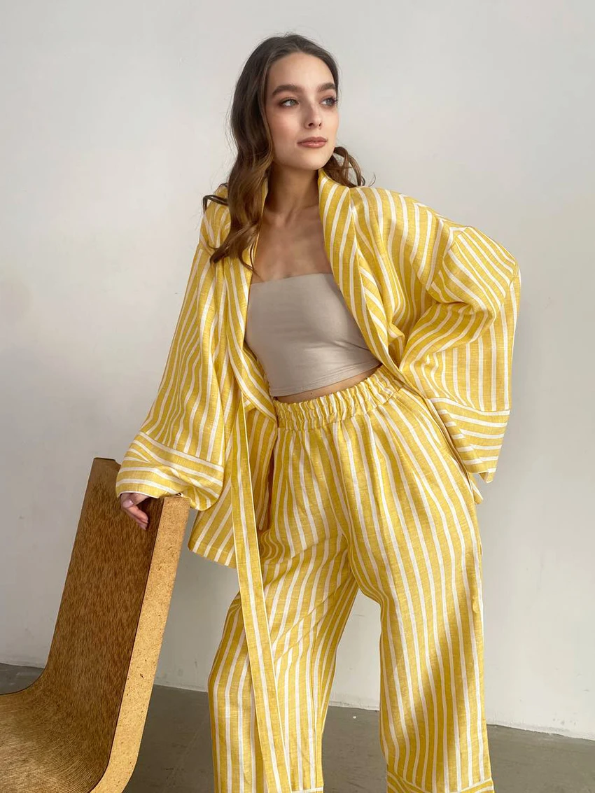 Marthaqiqi Striped Women'S Sleepwear Set Turn-Down Collar Pajamas Long Sleeve Lace Up Nightwear Pants Loose Ladies Nightie Suits