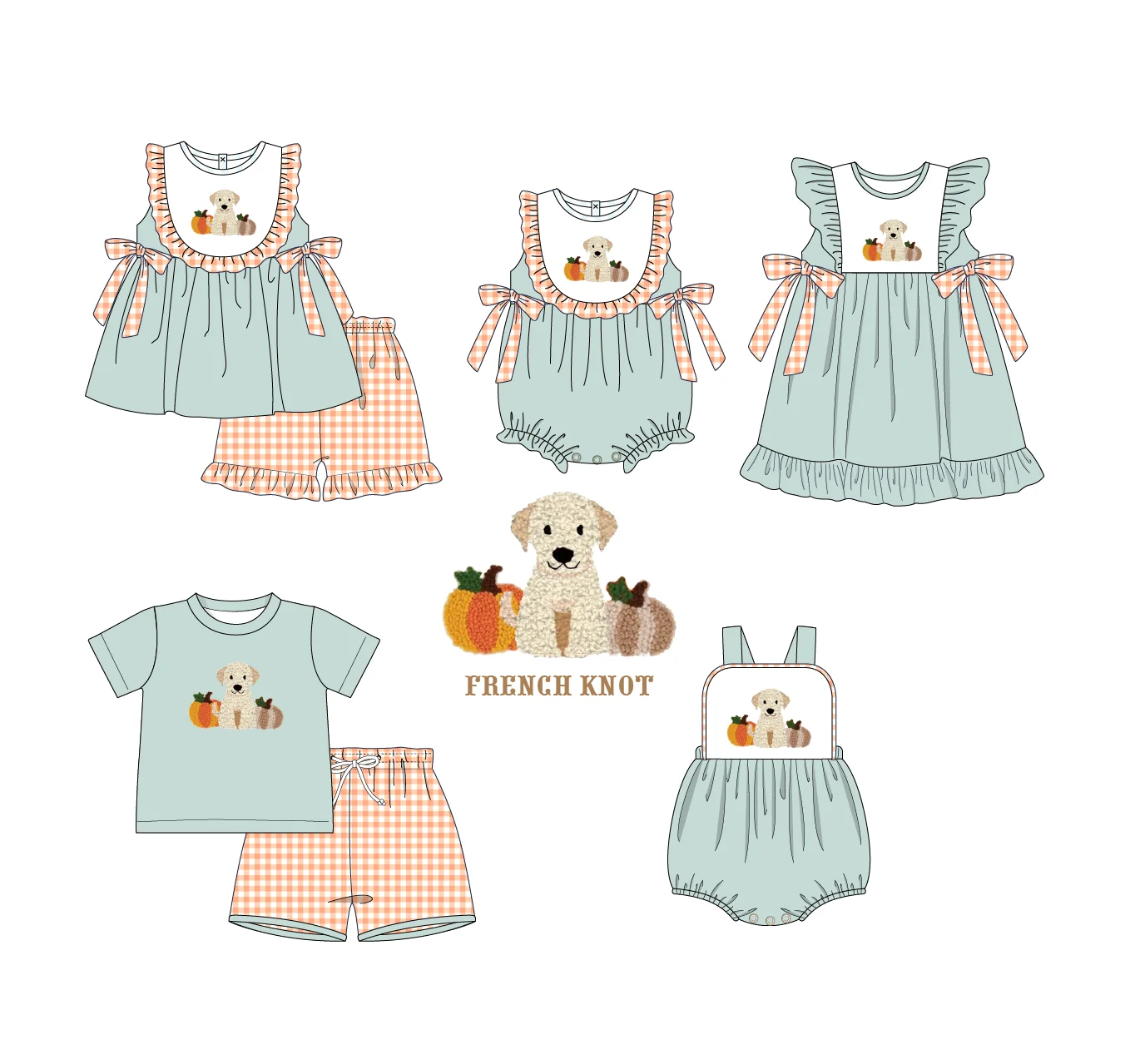 

Exquisite Summer Sleeveless Round Neck Dress Cute Puppy And Pumpkin French Knon Girl Skirts And Romper Boy Green Top Set Clothes