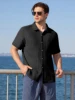 Men s Casual Short Sleeve Button Down Shirt with Turn-down Collar Solid Color Summer Top for Daily Wear and Outings 1