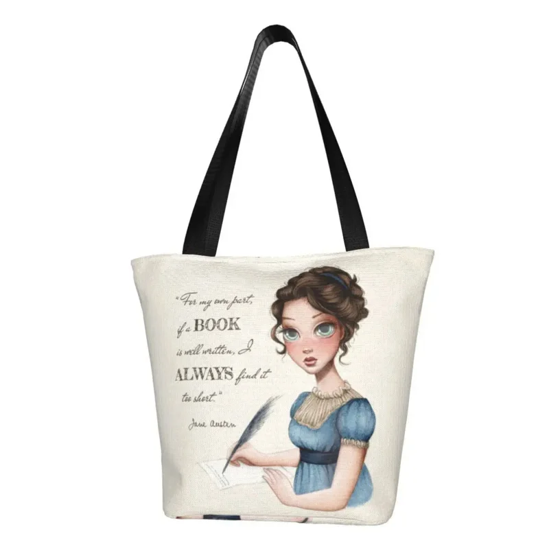 

Reusable Jane Austen Writing Book Shopping Bag Women Shoulder Canvas Tote Bag Durable Writer Novel Grocery Shopper Bags